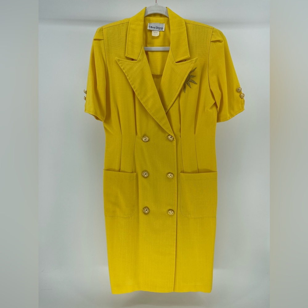 Vintage Double Breasted Yellow Blazer Dress, Embroidered Sun, Women's 10P